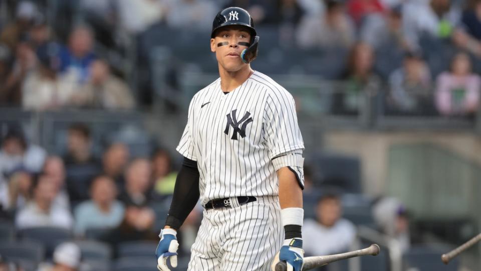 Apr 21, 2023; Bronx, New York, USA; New York Yankees center fielder Aaron Judge (99) reacts after striking out during the first inning against the Toronto Blue Jays at Yankee Stadium.