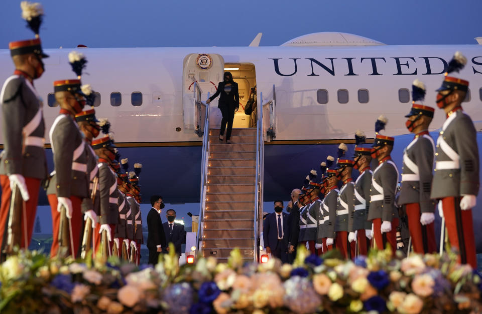 Vice President Kamala Harris is greeted as she exits Air Force Two on arrival in Guatemala City, Sunday, June 6, 2021, at Guatemalan Air Force Central Command. (AP Photo/Jacquelyn Martin)