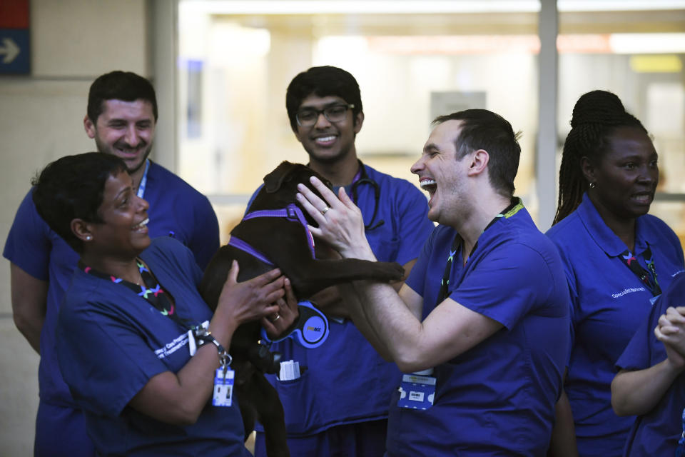 NHS staff applaud outside the Chelsea and Westminster Hospital in London during the weekly "Clap for our Carers", April 16, 2020. The applause takes place across Britain every Thursday at 8pm local time to show appreciation for those helping people with coronavirus and keeping the country functioning while most people stay at home in the lockdown. (AP Photo/Alberto Pezzali)