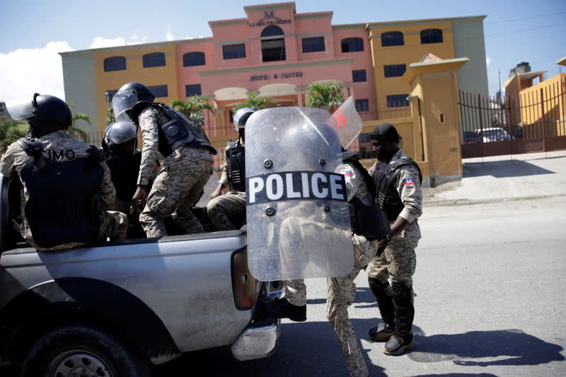 Haitian National Police guard a hotel designated as a quarantine facility for the coronavirus disease (COVID-19) in Port-au-Prince