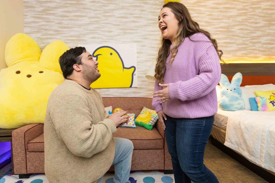 <p>Mark Stehle Photography for PEEPS</p> Matthew Rivera proposes to Carly Jessup in Peeps