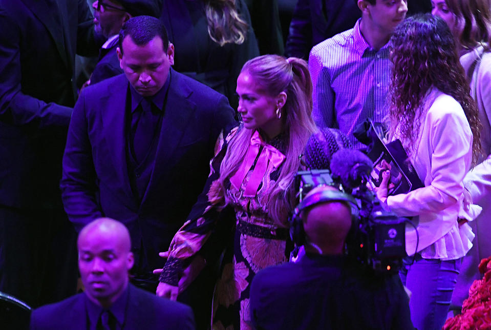 Alex Rodriguez and Jennifer Lopez depart after The Celebration of Life for Kobe & Gianna Bryant at Staples Center on February 24, 2020 in Los Angeles, California.