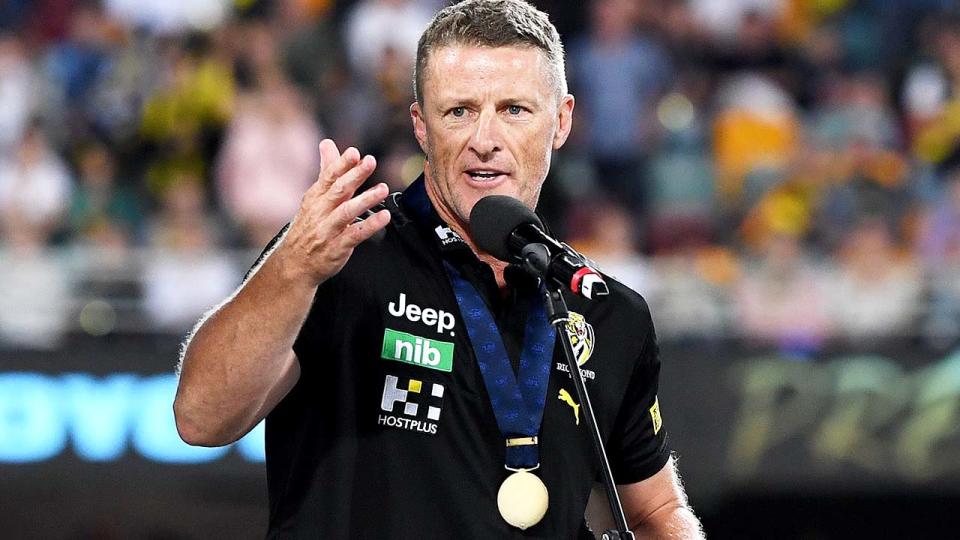 Damien Hardwick, pictured here after the 2020 AFL Grand Final between Richmond and Geelong.