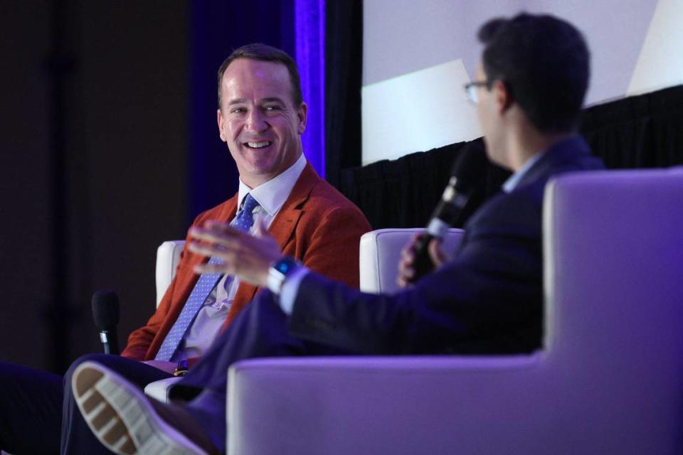 Peyton Manning speaks during the Charlotte Touchdown Club speaker series luncheon at the Sheraton Charlotte Hotel on Thursday, April, 25, 2024.
