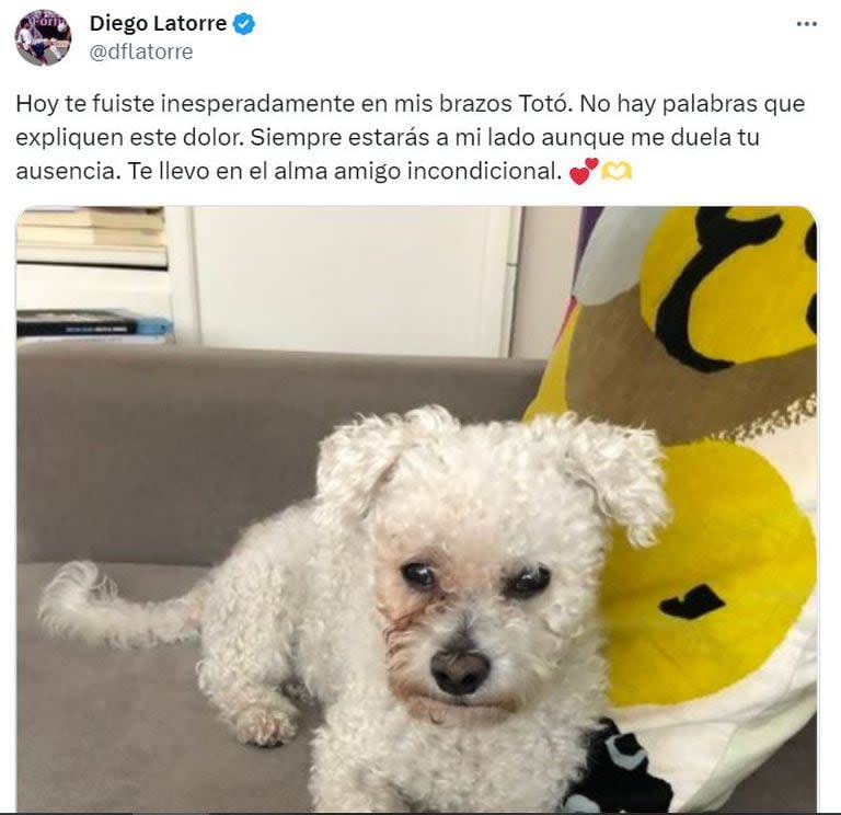 Diego Latorre despidió a su perro Totó en sus redes sociales