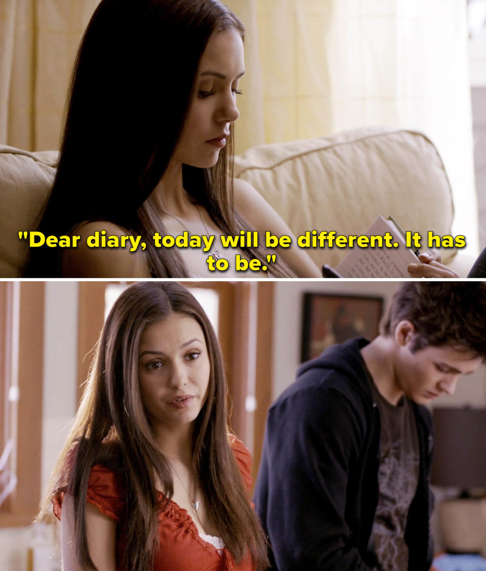 Elena writing, "Dear diary, today will be different; it has to be"; Elena standing next to a guy and lookign at something