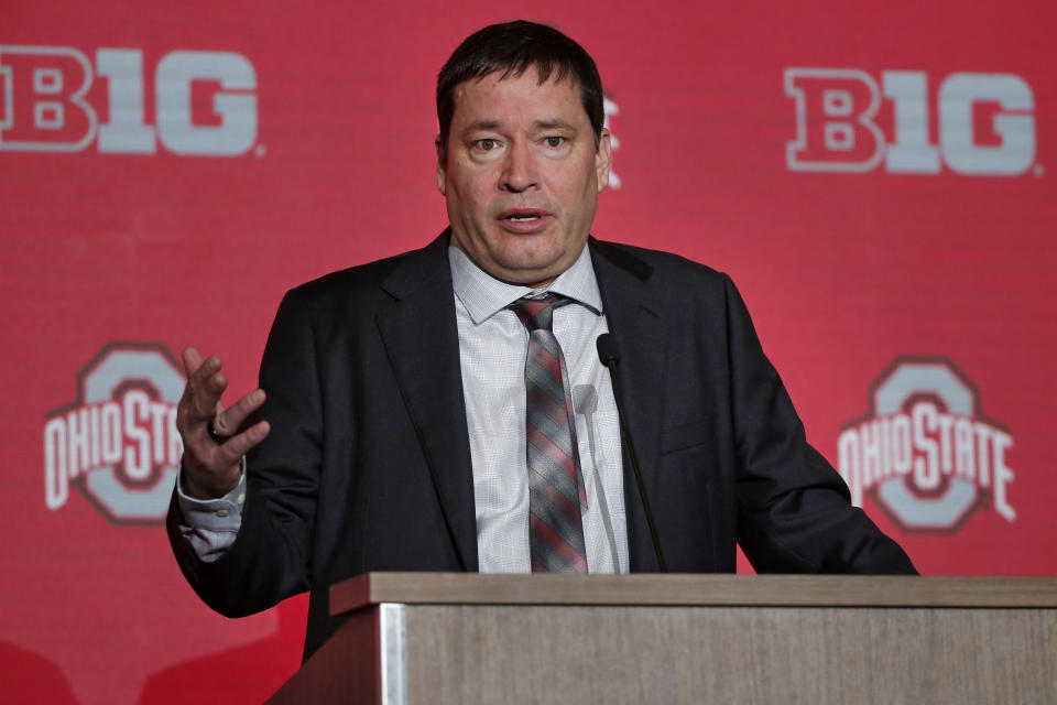 FILE - Ohio State women's head coach Kevin McGuff speaks during Big Ten NCAA college basketball Media Days Wednesday, Oct. 12, 2022, in Minneapolis. The NCAA is allowing teams to play and practice on election day after making it a mandatory off day the past two years for athletes to participate in civic engagement. No. 5 Tennessee visits 14th-ranked Ohio State.“ Much of it had to do with availability here and what worked for both us and Tennessee," McGuff said. (AP Photo/Bruce Kluckhohn, File)