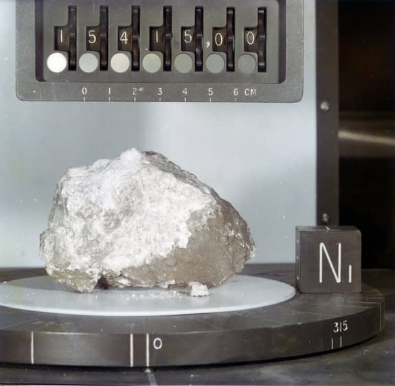 The chemical traces of water have been found in this moon rock, called the Genesis Rock. The moon rock was collected by astronauts during the Apollo 15 mission in 1971 and is thought to be a piece of the moon's primordial crust.