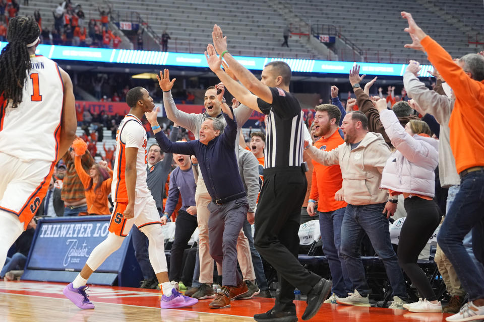 NCAA SYRACUSE, NY - JANUARY 20: Syracuse Orange Guard Quadir Copeland (24) reacts to making the game winning shot with the crowd during the second half of the College Basketball game between the Miami Hurricanes and the Syracuse Orange on January 20, 2024, at the JMA Wireless Dome in Syracuse, NY. (Photo by Gregory Fisher/Icon Sportswire via Getty Images)