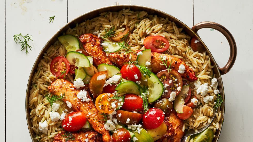 one pot shawarma chicken and orzo skillet