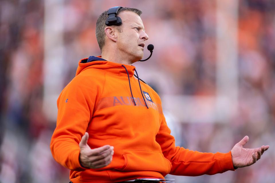 Auburn head coach Bryan Harsin reacts to a call during Saturday's game against Alabama.