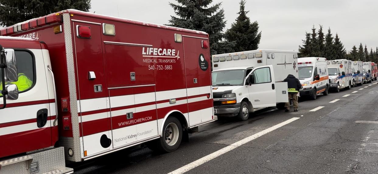 A line of ambulances, including one from Davenport-based Genesis Health System, arrives in Ukraine in January 2023. The donation was coordinated by U.S. Ambulances for Ukraine and Peoria, Illinois-based OSF Healthcare.