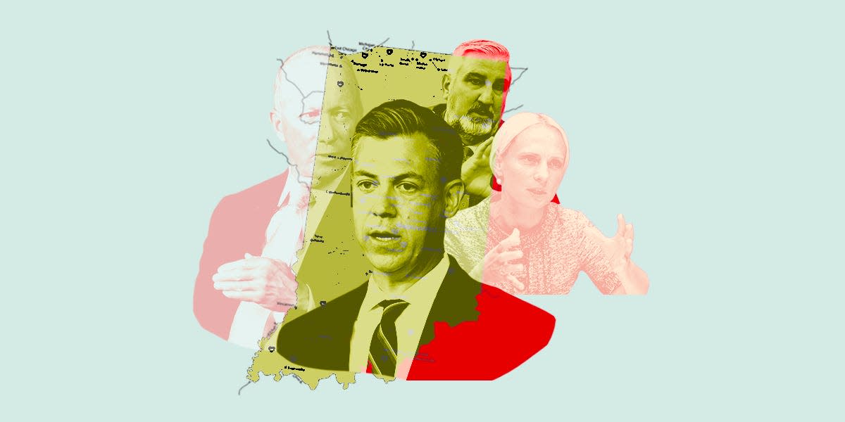 Eric Holcomb, Jim Banks, Mitch Daniels, and Victoria Spartz collaged together with a map of Indiana