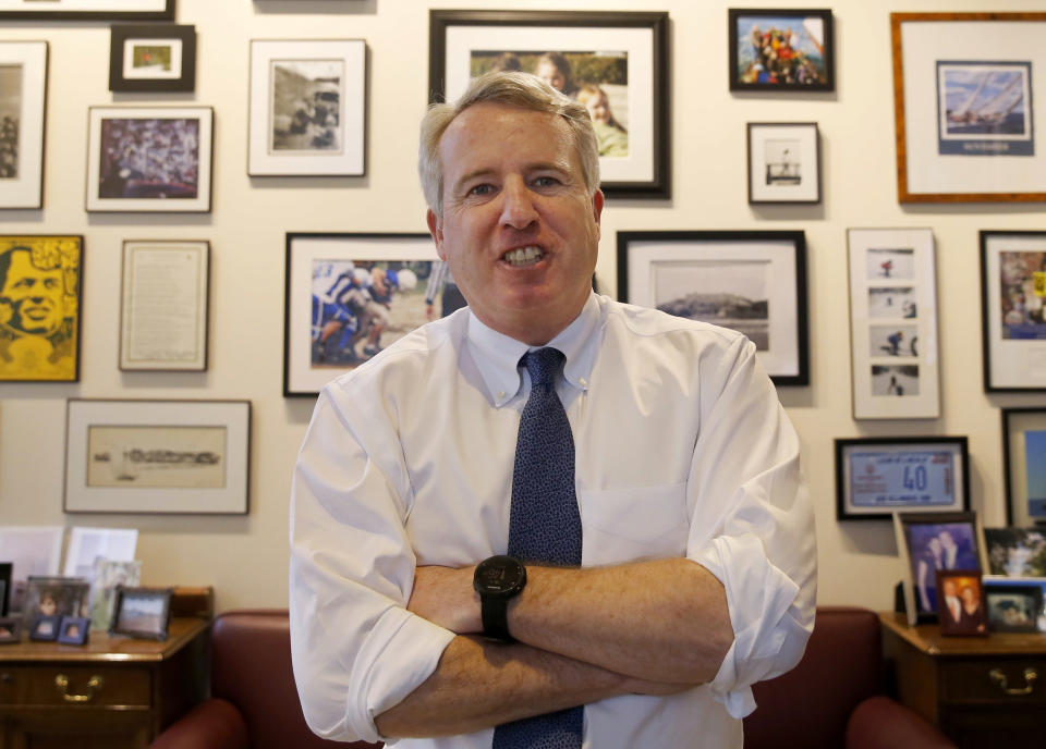 FILE - In this Feb. 8, 2017 file photo, Chicago businessman and Democratic candidate for Illinois Governor Chris Kennedy poses for a portrait in his office in Chicago. A billionaire businessman's announcement Thursday, April, 6, 2017, that he's running for Illinois governor in 2018 means there will be at least three candidates in the race who have enormous personal wealth. Democrat J.B. Pritzker jumped into the contest to try to unseat Illinois' wealthy Republican businessman-turned-governor, Bruce Rauner. Kennedy, nephew of the late President John F. Kennedy, also is seeking the Democratic nomination. (AP Photo/Charles Rex Arbogast, File)