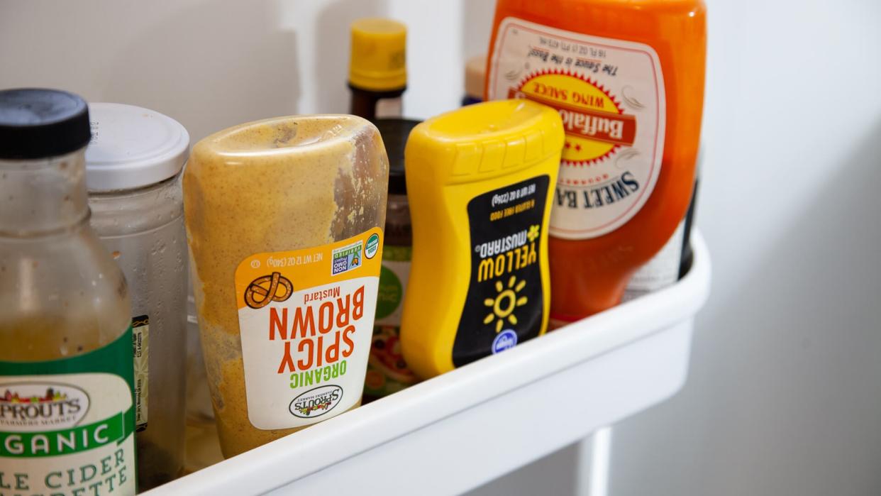 upside down condiments in refrigerator.