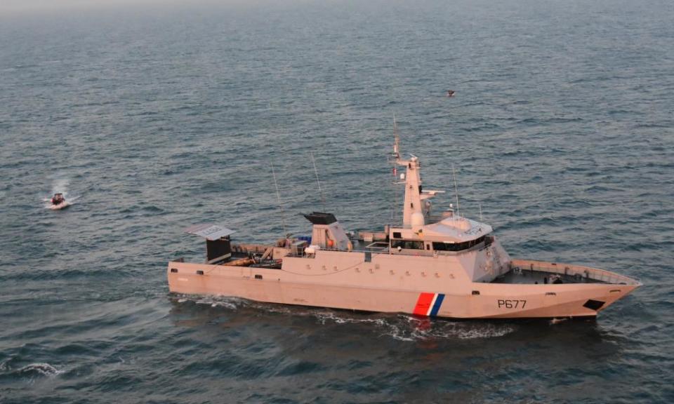 A French patrol boat in the Channel. Four people died and 14 were pulled from the water alive while trying to cross to the UK.