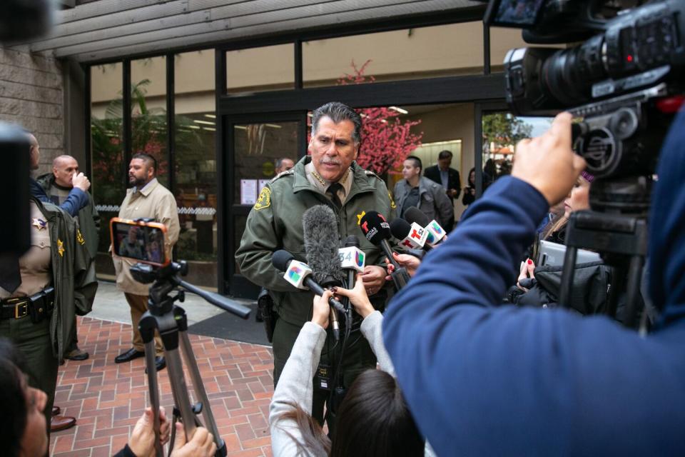 L.A. County Sheriff Robert Luna answers questions about the mass shooting at a ballroom dance studio in Monterey Park.