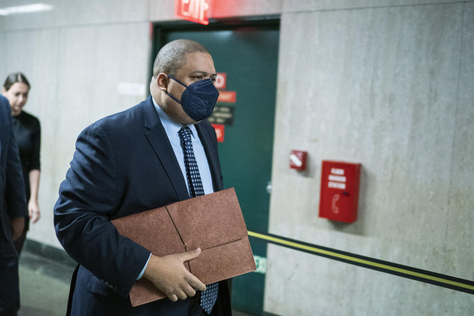 FILE - Manhattan District Attorney Alvin Bragg arrives at a Manhattan courtroom for the sentencing of the Trump Organization tax fraud case, Friday, Jan. 13, 2023, in New York. After a challenging first year in office, Manhattan's district attorney is back in the spotlight with a reinvigorated investigation of former President Donald Trump. (AP Photo/Eduardo Munoz Alvarez, File)