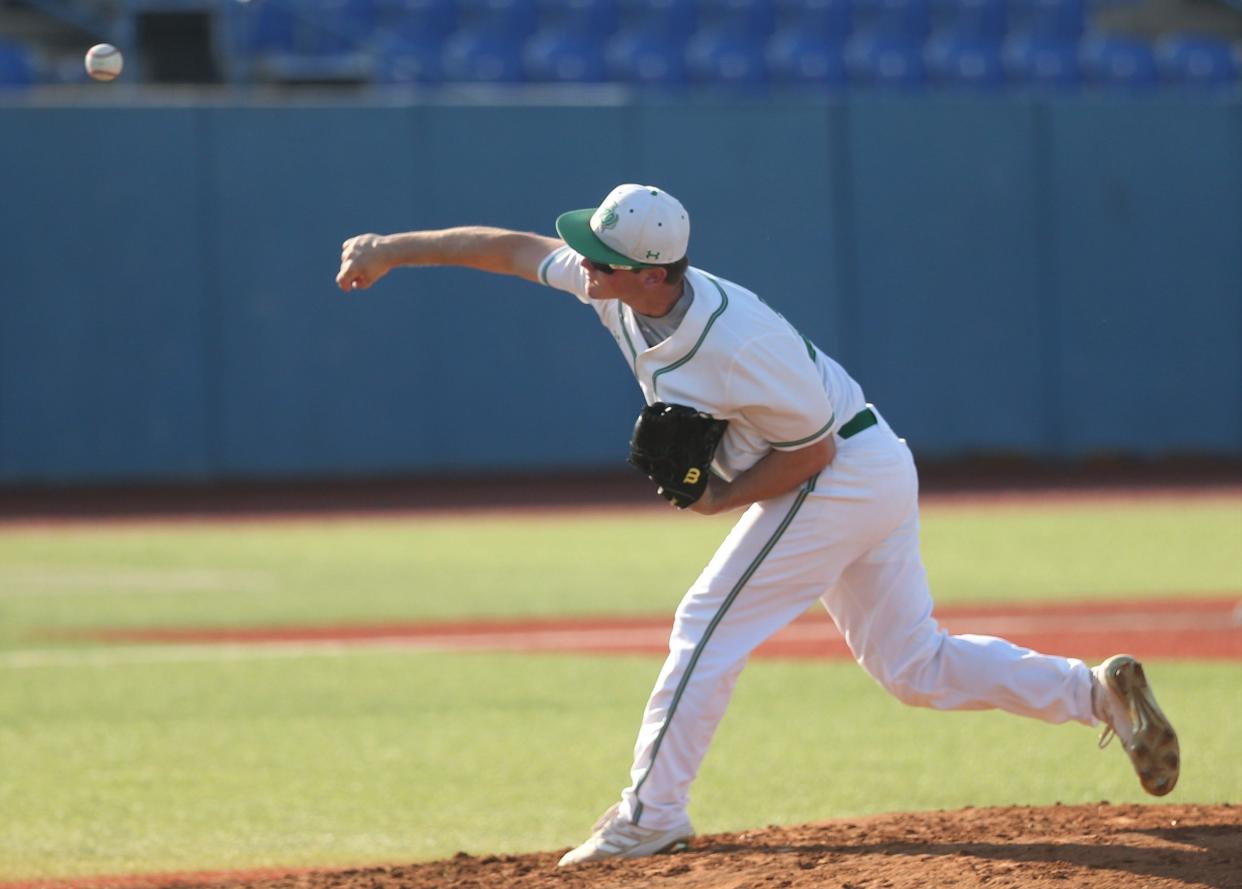 Wall High School's Nathan Pepper fires a pitch during the District 6-3A championship against Jim Ned at Angelo State's Foster Field at 1st Community Credit Union Stadium on Monday, May 2, 2022.