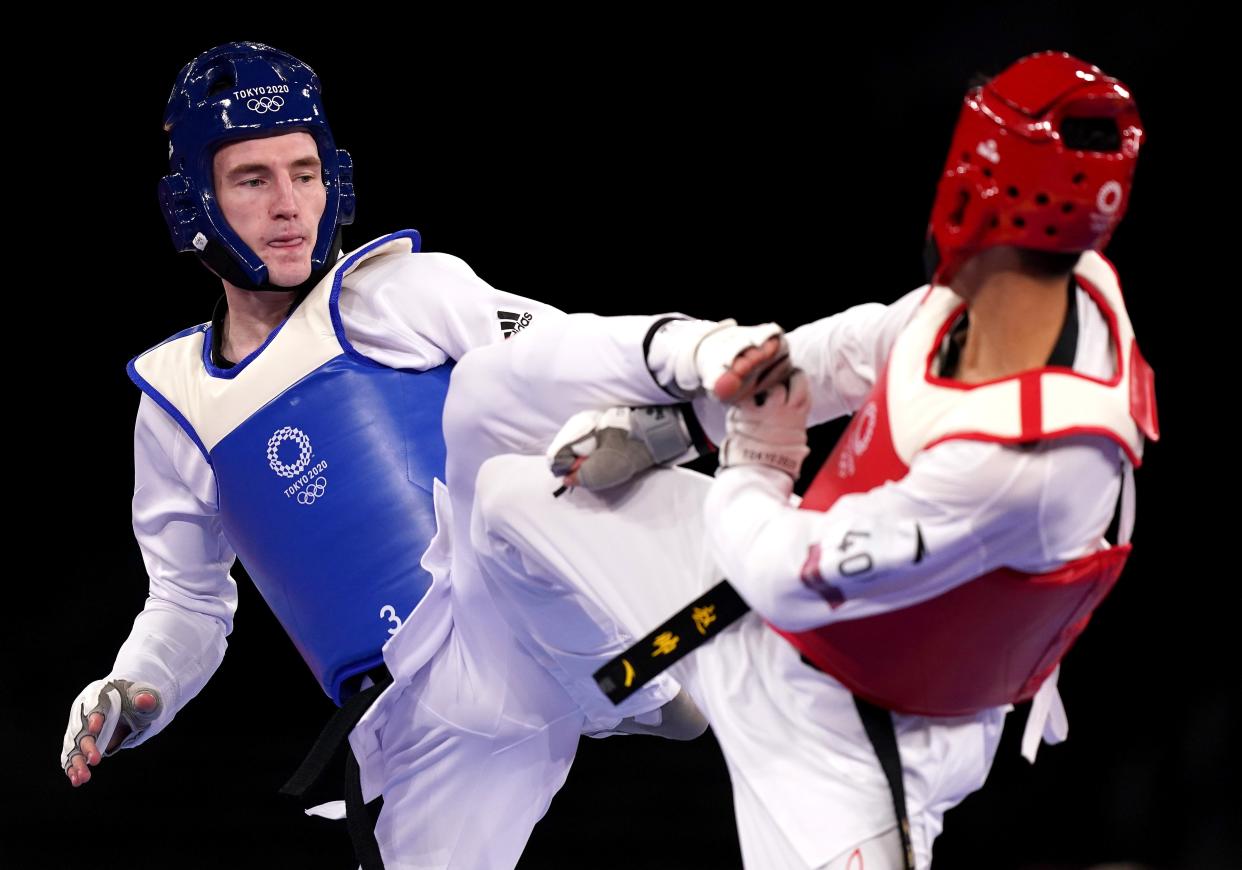 Bradly Sinden reached the men’s taekwondo final with victory over Shuai Zhao (Mike Egerton/PA) (PA Wire)