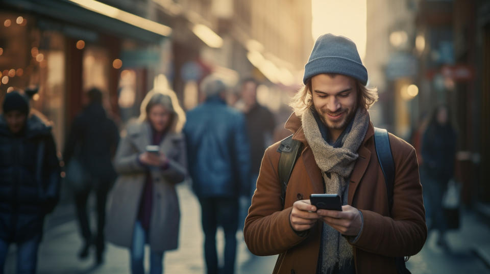 A customer happily using their mobile device in a busy urban setting.