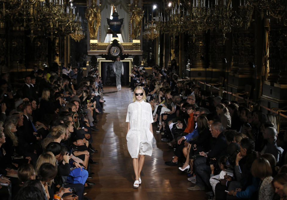 A model wears a creation for British fashion designer Stella McCartney's ready to wear Spring-Summer 2013 collection, presented in Paris, Monday, Oct.1, 2012. (AP Photo/Francois Mori)