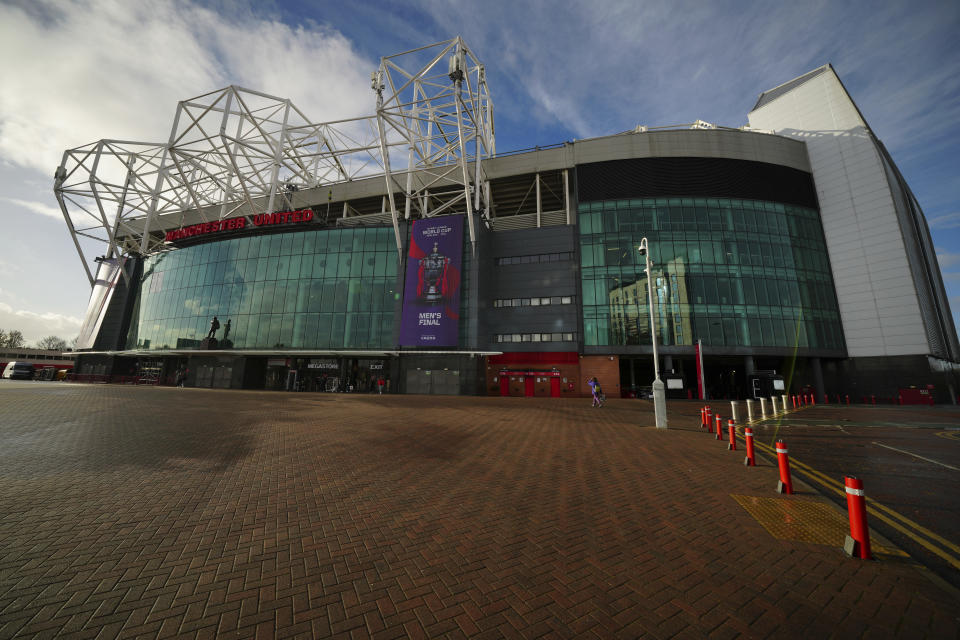 Manchester United's Old Trafford stadium is seen after owners the Glazer family announced they are considering selling the club as they "explore strategic alternatives", Manchester, England, Wednesday, Nov. 23, 2022. On Tuesday, the same day the potential sale was annnounced it was also it was also confirmed that Cristiano Ronaldo had left Manchester United by mutual consent. (AP Photo/Jon Super)