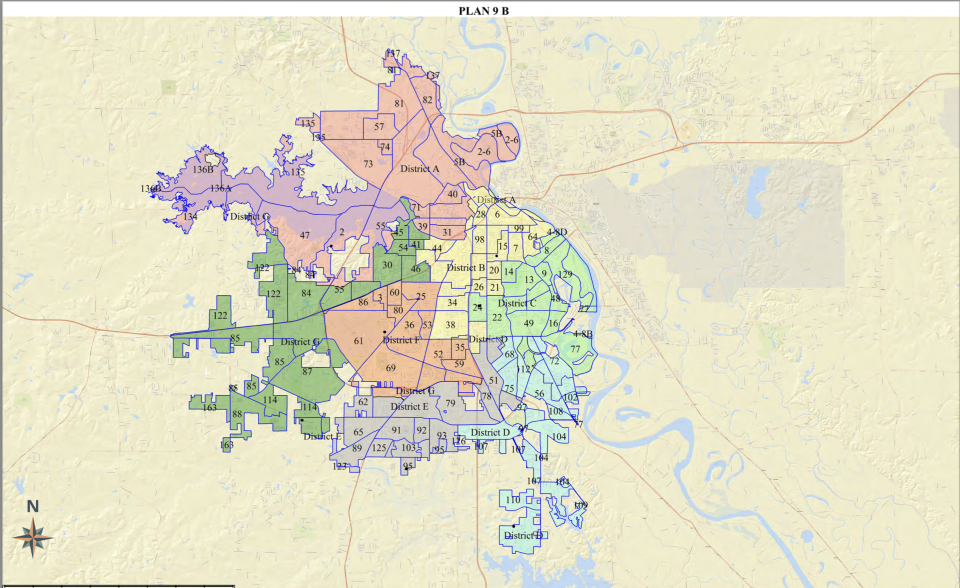 Shreveport's City Council selected voter redistricting map "9B," which creates five majority black voting districts and two majority white.