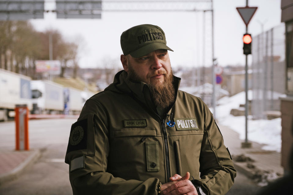 Police officer Erik Liiva at the Narva border crossing where Estonia meets Russia. (Alessandro Rampazzo for NBC News)