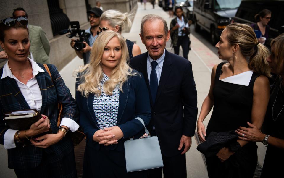 David Boies, representing several of Jeffrey Epstein's alleged victims, center, arrives with Annie Farmer, second right, and Virginia Giuffre, alleged victims of Jeffrey Epstein, second left, at federal court in New York in 2019 - Mark Kauzlarich/Bloomberg