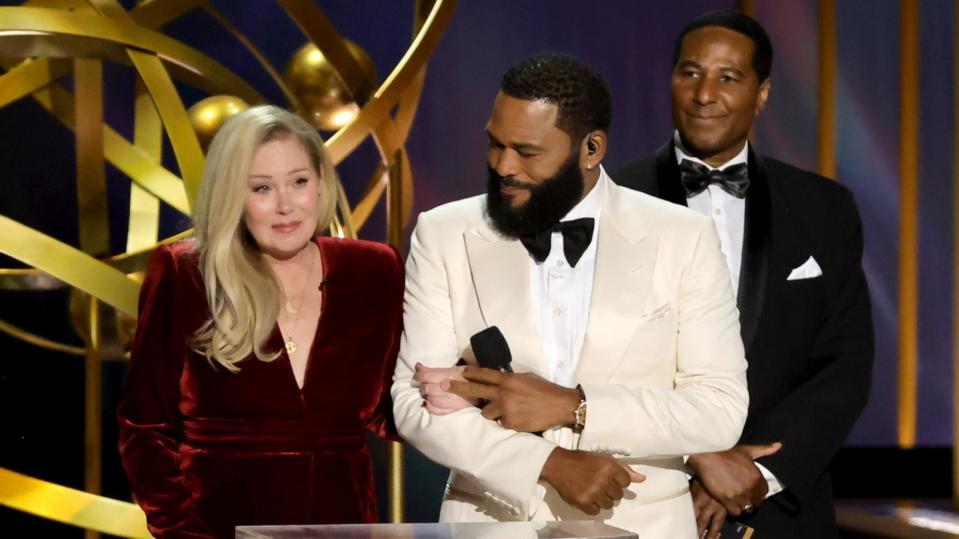 PHOTO: Christina Applegate, left, and host Anthony Anderson speak onstage during the 75th Primetime Emmy Awards at Peacock Theater, Jan. 15, 2024, in Los Angeles. (Kevin Winter/Getty Images)