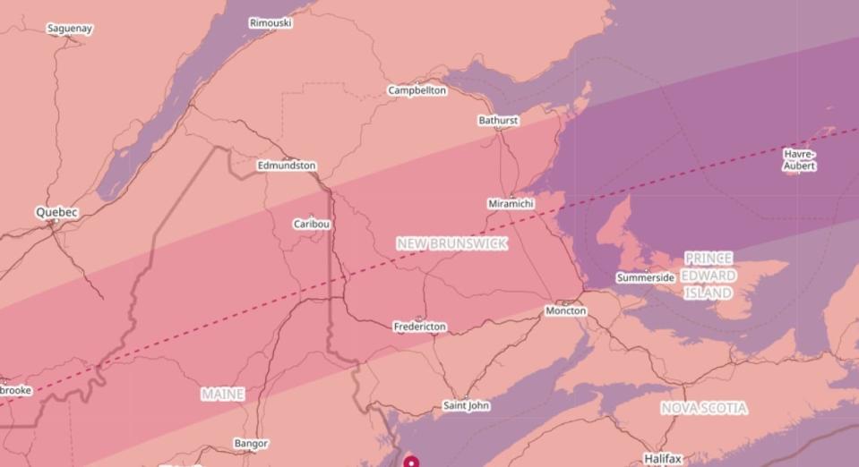 The path of the April solar eclipse's totality runs straight through central New Brunswick, with Woodstock, Fredericton and Miramichi directly in its path. 