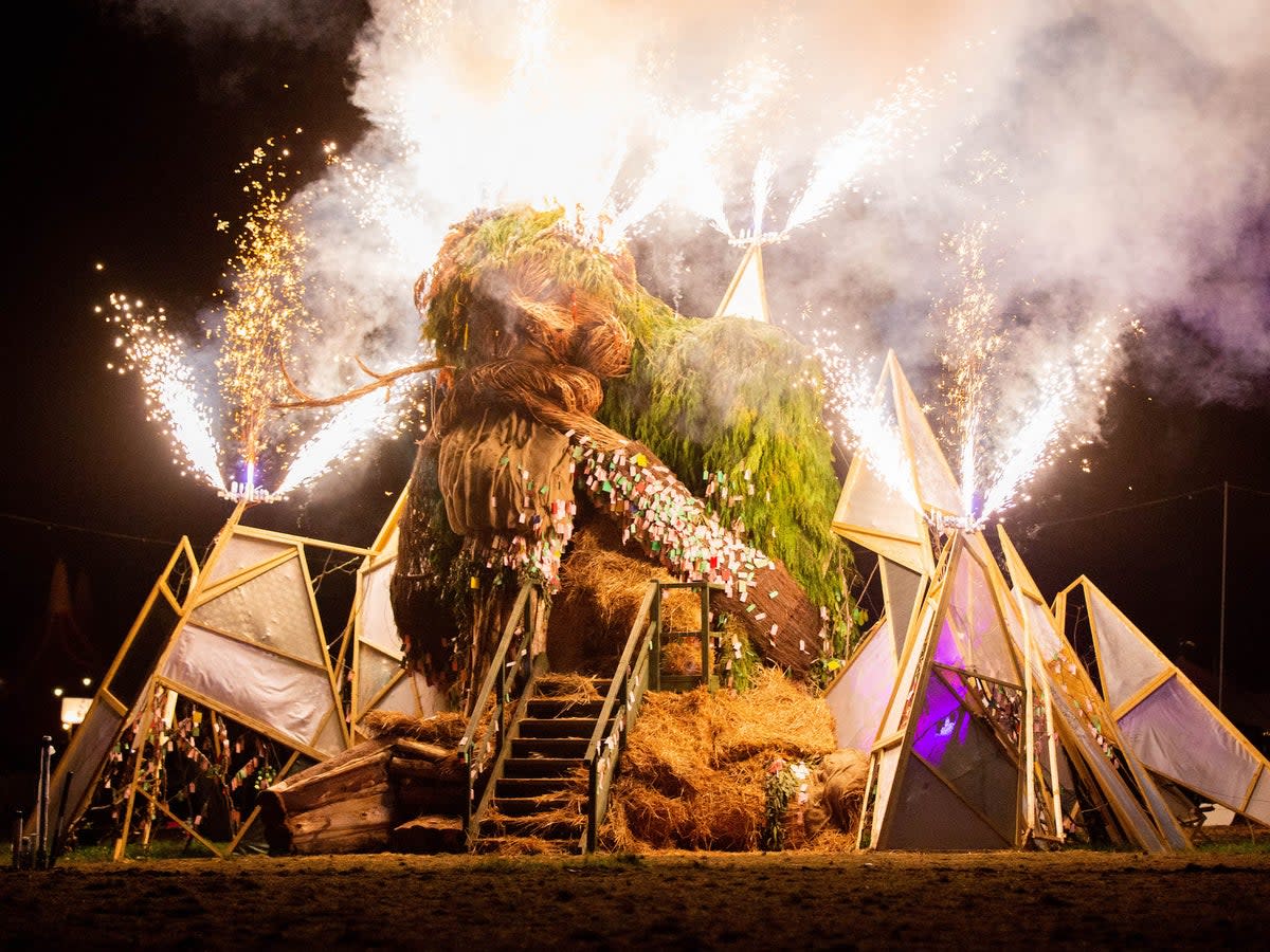 The wicker man catches light in a barrage of fireworks on the final day of Green Man festival 2023  (Oliver Chapman)