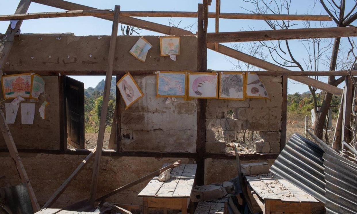 <span>A school in Daw Si Ei village, Karenni state, Myanmar following an airstrike.</span><span>Photograph: Myo Satt Hla Thaw</span>