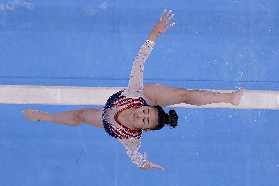 Sunisa Lee, of the United States, performs on the balance beam during the artistic gymnastics women's all-around final at the 2020 Summer Olympics, Thursday, July 29, 2021, in Tokyo. (AP Photo/Morry Gash)