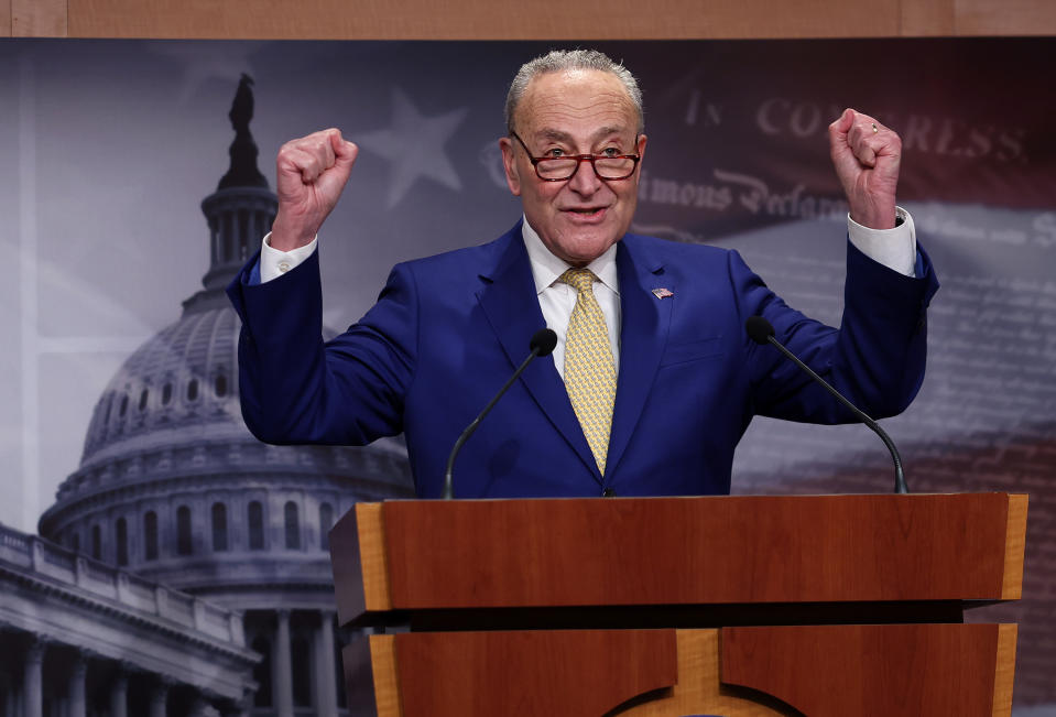 WASHINGTON, DC - FEBRUARY 13: U.S. Senate Majority Leader Charles Schumer (D-NY) speaks on the National Security Supplemental Bill during a press conference at the U.S. Capitol on February 13, 2024 in Washington, DC. The bill, which received contentious debate and months of negotiations in the Senate, provides military aid to Ukraine, Israel and Taiwan but is expected to be received with uncertainty in the House of Representatives. (Photo by Kevin Dietsch/Getty Images)