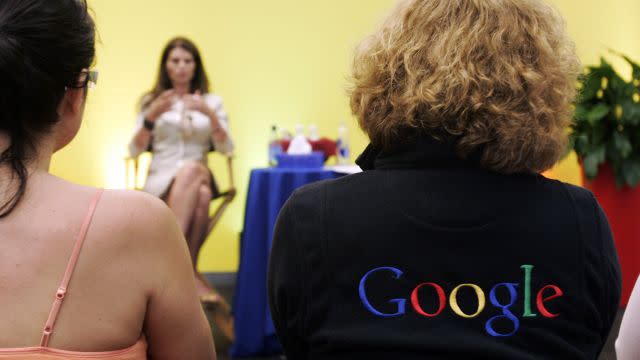 California First Lady Maria Shriver, center, gestures as she talks to a crowd of Google workers at Google headquarters in Mountain View, Calif., Tuesday, May 15, 2007. Shriver was part of the Women@Google Speaker Series that features female leaders. (AP Photo/Paul Sakuma)