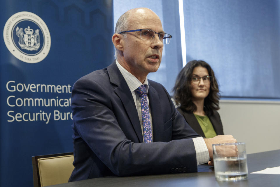 New Zealand's Government Communications Security Bureau Director-General Andrew Clark, left, and the Deputy Director-General Lisa Fong speak at Defence house in Wellington, Tuesday, March 26, 2024. Hackers linked to the Chinese government launched a state-sponsored operation that targeted New Zealand's Parliament in 2021, Minister Responsible for the Government Communications Security Bureau Judith Collins said. (Mark Mitchell/New Zealand Herald via AP)