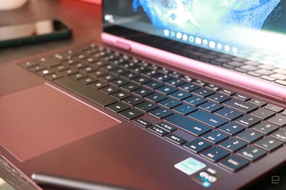 A close-up side view of the Samsung Galaxy Book 2 Pro 360's keyboard and part of its trackpad.