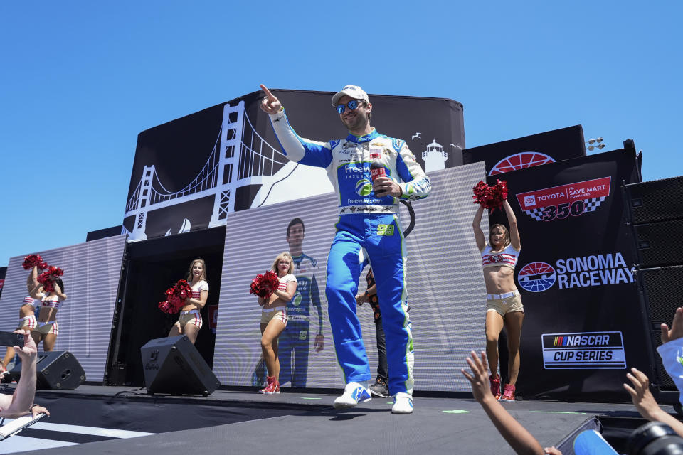 Driver Daniel Suárez is introduced before a NASCAR Cup Series auto race at Sonoma Raceway, Sunday, June 9, 2024, in Sonoma, Calif. (AP Photo/Godofredo A. Vásquez)