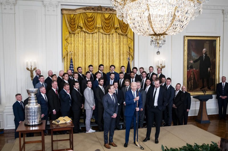 President Joe Biden speaks while hosting the Vegas Golden Knights to celebrate their 2023 Stanley Cup victory in the East Room of the White House in Washington on Monday. The Golden Knights won their first Stanley Cup by beating the Florida Panthers four games to one. Photo by Al Drago/UPI