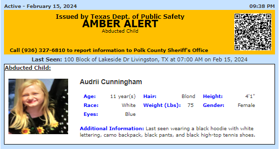 Audrii Cunningham was last seen near her home, but officials report she never got on the school bus or reported to school.