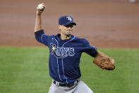 Tampa Bay Rays' Charlie Morton winds up during the second inning of the team's baseball game against the Baltimore Orioles, Saturday, Sept. 19, 2020, in Baltimore. (AP Photo/Nick Wass)