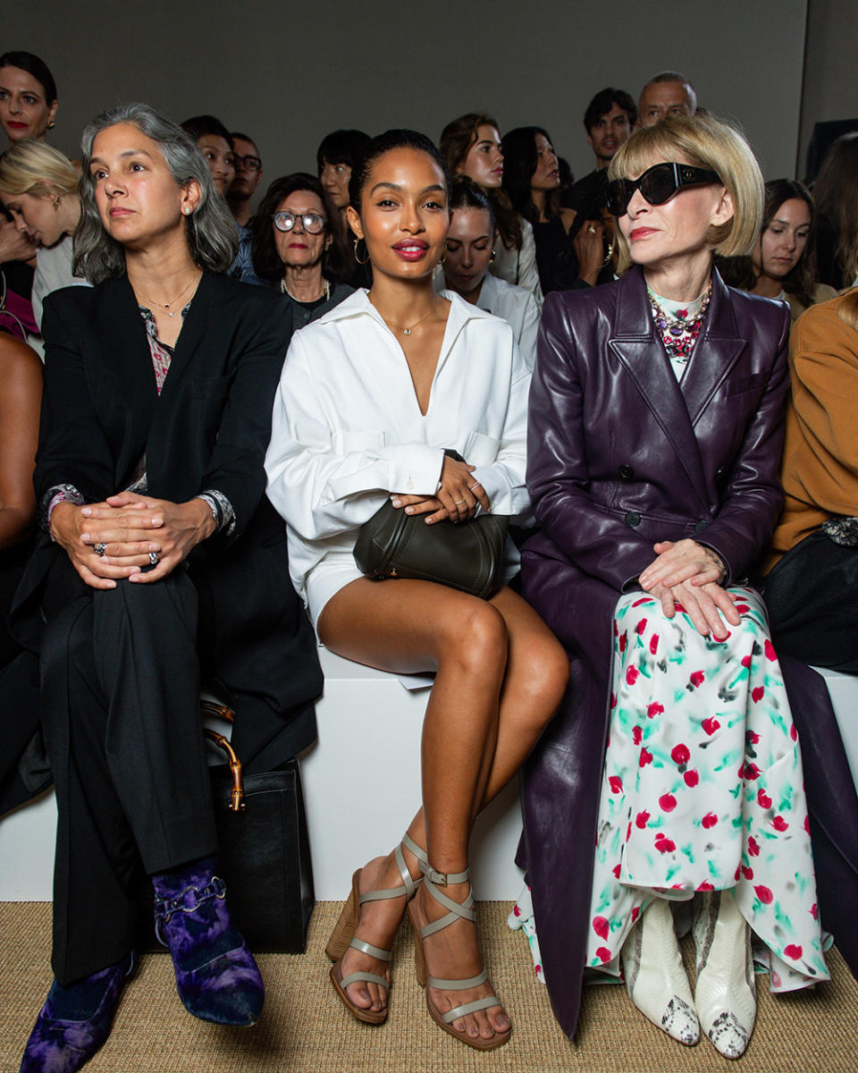 Yara Shahidi attends the Max Mara show in Milan, Italy on Sept. 21, 2023. She's seated between Vanity Fair's Radhika Jones and Vogue's Anna Wintour during the spring/summer 2024 presentation.
