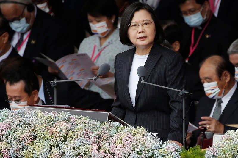 Taiwan President Tsai Ing-wen delivers a speech during National Day celebrations in front of the Presidential Building in Taipei