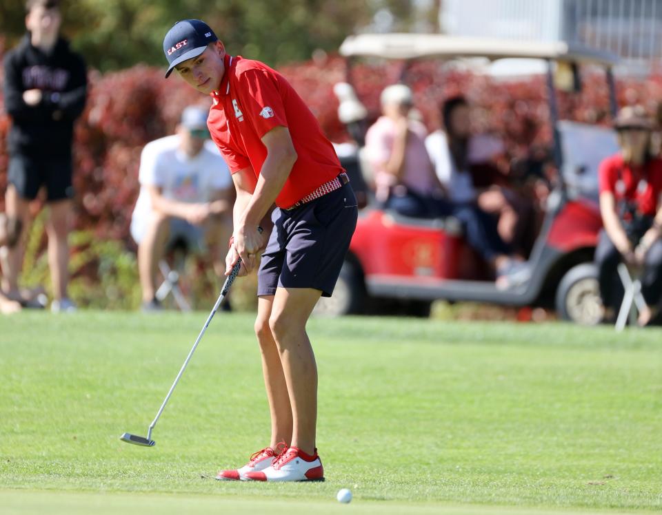 East High’s Sean Lampropoulos competes in the 5A boys state golf championship at Fox Hollow Golf Club in American Fork on Tuesday, Oct. 10, 2023. Lampropoulos placed third. | Kristin Murphy, Deseret News