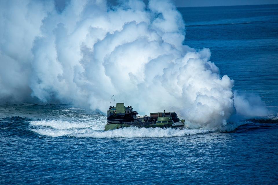 Taiwan's AAV7 amphibious assault vehicle maneuvers across the sea during the Han Kuang military exercise, which simulates China's People's Liberation Army (PLA) invading the island, on July 28, 2022 in Pingtung, Taiwan.