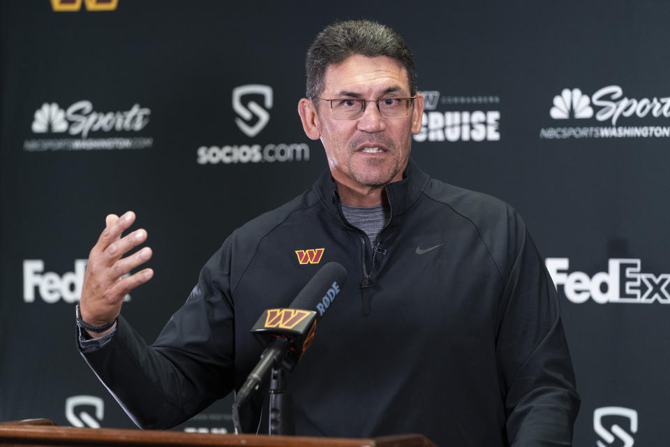 Washington Commanders head coach Ron Rivera speaks during a media availability at the team's NFL football training facility, Tuesday, July 26, 2022 in Ashburn, Va. (AP Photo/Alex Brandon)