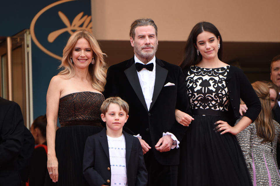 CANNES, FRANCE - MAY 15:  Kelly Preston (L) and John Travolta of "Gotti" pose with their children Ella Bleu Travolta (R) and Benjamin Travolta at the red carpet screening of "Solo: A Star Wars Story" during the 71st annual Cannes Film Festival at Palais des Festivals on May 15, 2018 in Cannes, France.  (Photo by Nicholas Hunt/Getty Images)