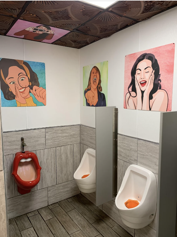 Public restroom with three urinals. Unique posters of women making various facial expressions are on the wall above the urinals